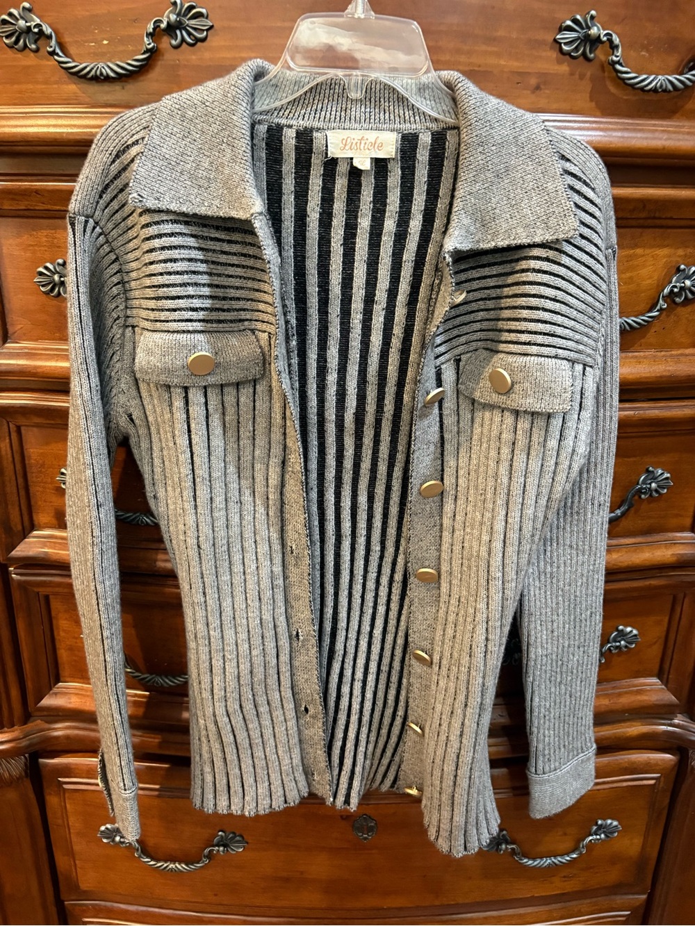Listicle Gray Ribbed Button-Front Cardigan Jacket